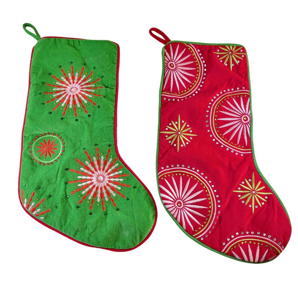 Christmas Stockings Set of 2 Green Red Embroidered Rhinestone 19" Holiday Decor